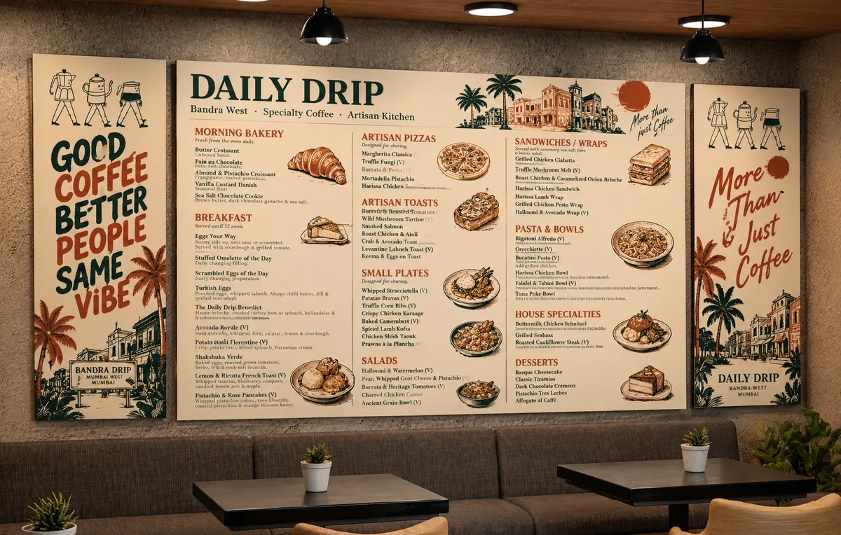 Daily Drip Cafe in-store menu board — Good Coffee Better Vibe, brunch, pizza, coffee